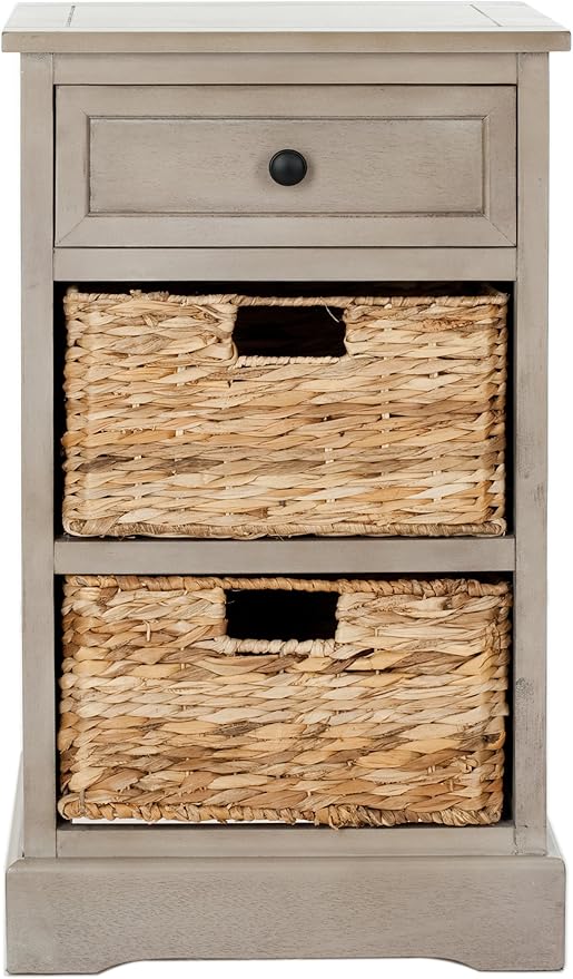 SAFAVIEH Home Collection Carrie Vintage Grey / Natural Wicker 3-Drawer Storage Nightstand Side Table (Fully Assembled)