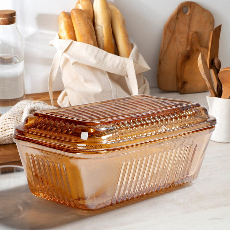 Wide Vintage Country Amber Glass Butter Dish with Lid