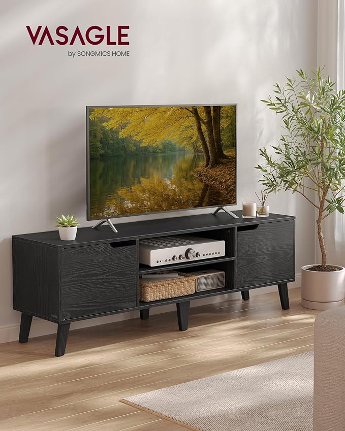 VASAGLE TV Stand for 65-Inch TVs, Entertainment Center with Adjustable Shelf, 58-Inch Long Media Console Table, Transitional Style, for Living Room, Bedroom, Ebony Black ULTV556B01