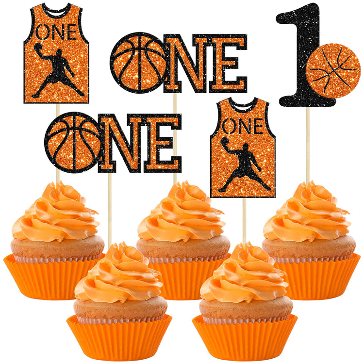24Pcs Basketball One Cupcake Toppers Glitter Number 1 First Birthday Basketball Cupcake Picks for Sports Theme Baby Shower Kids 1st Birthday Party Cake Decorations Supplies (24 Count)