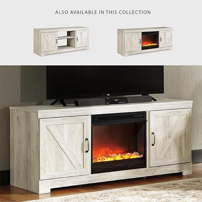 Signature Design by Ashley Bellaby Farmhouse 63" TV Stand with Fireplace for TVs up to 72", Whitewash