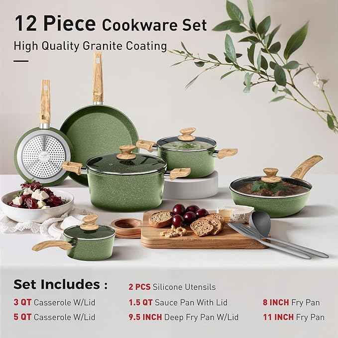 DishDelight Induction Pots and Pans Set Non Stick, 12 Piece Nonstick Induction Granite Kitchen Cookware Sets, Induction Cookware Nonstick Granite Cooking Set, PFOA&PFOS Free, Green