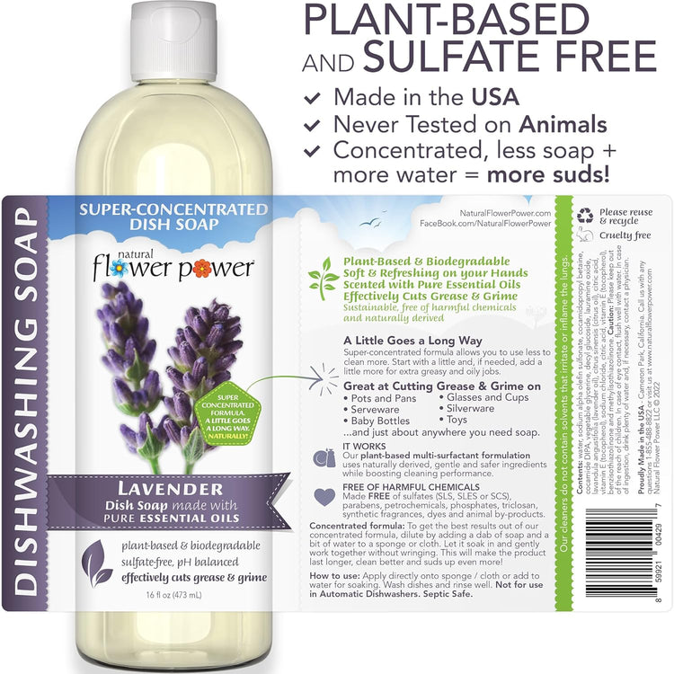 Plant-Derived Dish Soap - Sulfate-Free, Bio-Based, pH-Balanced, Vegan Cleaning Supplies - Variety Pack - Lavender + Lemongrass + Peppermint & Lemon - 3 x 16 oz