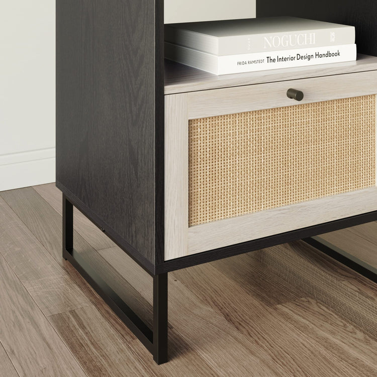 Mina Rattan Wood End Side Accent Table Nightstand with Storage for Living Room or Bedroom