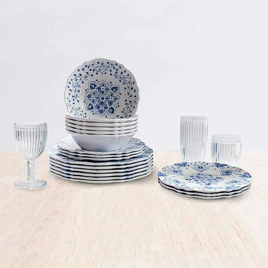 Le Cadeaux 18 Piece Luxury Melamine Dinnerware Set, Service for 6 (Moroccan Blue)