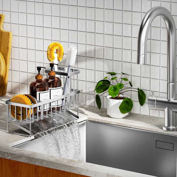 Cisily Extra Large Silver Kitchen Sink Caddy Organzier with High Brush Holder, Sponge Holder for Sink, 304 Rustproof Stainless, Kitchen Countertop Soap Dispenser Organizer For Decor and Accessories