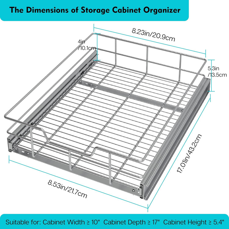 Pull Out Cabinet Organizer 9" W X 17" D, Slide Out Drawers For Kitchen Organizers and Storage, Pull Out Drawers For Cabinets Capacity Heavy Duty Caddy, Cabinet Shelves Chrome-Plated, Bathroom Pantry
