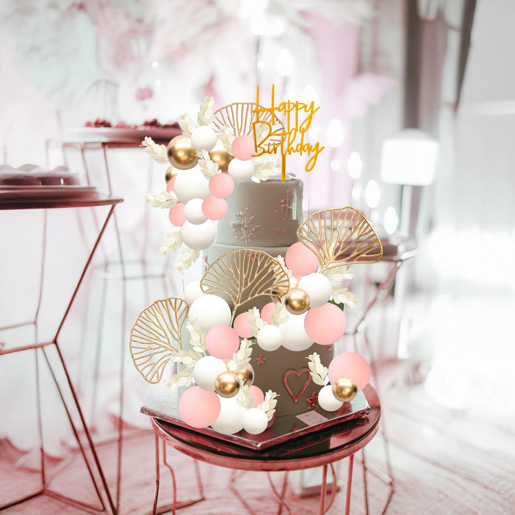 57Pcs Balls Cake Topper Boho Grass Cake topper Pearl Balls Acrylic Happy Birthday Cake Decorations for Wedding Baby Shower Birthday Boho Themed Party Supplies Pink (57 Count)