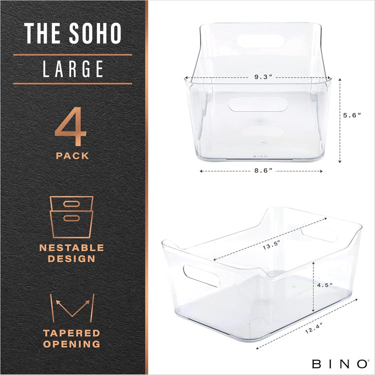 BINO | Plastic Organizer Bins, Large - 4 Pack | The SOHO Collection | Multi-Use | Pantry & Freezer Organizer Bins | Plastic Storage Containers for Home & Kitchen Org
