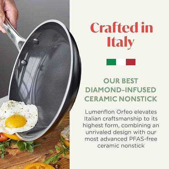 Orfeo 9.5” Nonstick Frying Pan, Made in Italy, Diamond Ceramic PFAS-Free Cookware, Induction Ready, Scratch Resistant, Laser-Fused Surface for Durability, Dishwasher Safe, Black