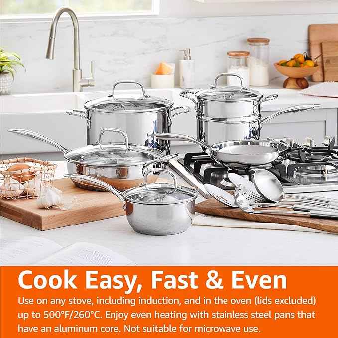 Amazon Basics Stainless Steel Cookware 15-Piece Set, Oven Safe, Induction-Ready, Even Heating, Easy to Clean, Stay-Cool Handles, Pots and Pans, Silver