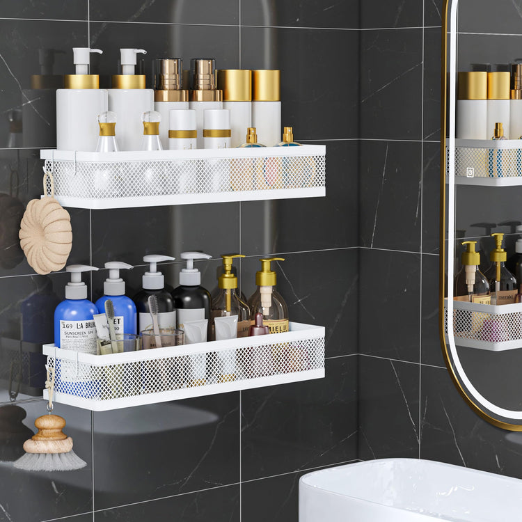 5-in-1 16.5" Extra Long Slim Wall Mount Wrapped Mesh Kitchen Organizer & Shower Caddy Kit, with Paper Towel Holder, Utensil Holder, Soap Dish, Holds 50LBS - White, Netting