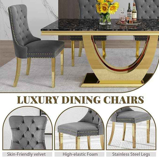 Marble Dining Table Set for 6,70" Black Faux Marble Kitchen Tables and Velvet Chairs for 6,7 Piece Luxury Dining Room Table Set and 6 Upholstered Chairs with Gold Stainless Steel Bases