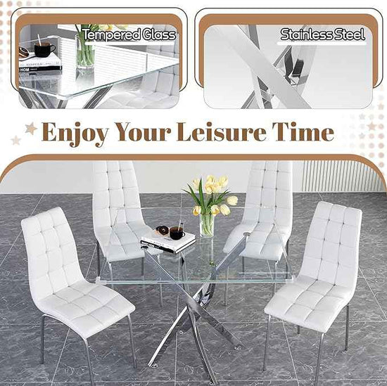 5 Piece Square Glass Dining Table Set, Round Tempered Glass Kitchen Table for 4, Modern Table with 4 High-Back Upholstered Chairs for Kitchen Dining Room (Silver Legs, 4 White Chairs)