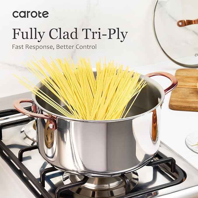 CAROTE 21pcs Tri-Ply Stainless Steel Cookware Set, Pots and Pans Set, Non Toxic Induction Kitchen Cooking Sets, Cookware Collection, Mirror Polish, Gold
