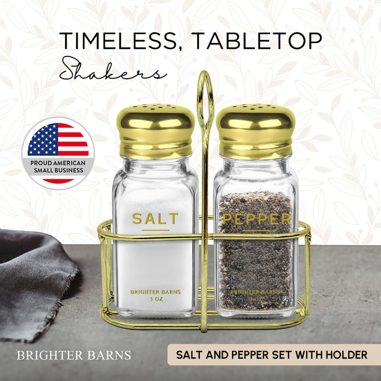 Gold Salt and Pepper Shakers Set with Holder by Brighter Barns