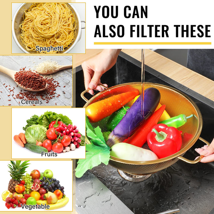 5 Quart Gold Colander and 3 Metal Fine Mesh Strainer Set