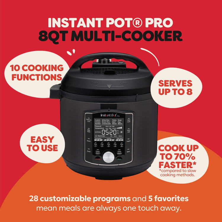 Pro (8 QT) 10-in-1 Pressure Cooker, Slow Cooker, Rice/Grain Cooker, Steamer, Sauté, Sous Vide, Yogurt Maker, Sterilizer, and Warmer, Includes App with Over 800 Recipes, Black