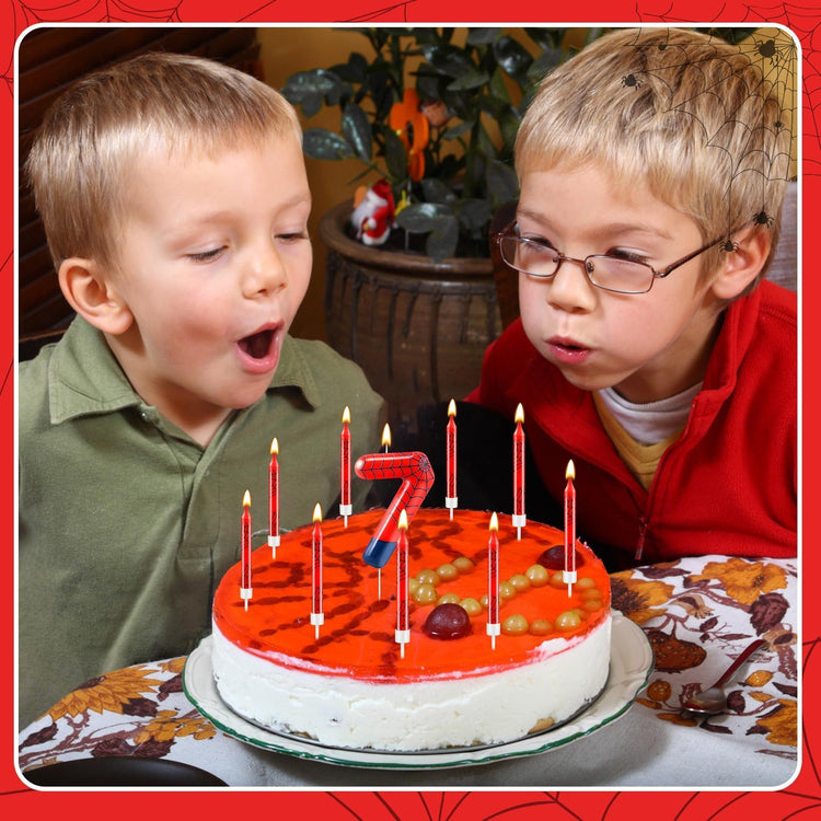 13 Pcs Spider Themed Birthday Candle Set Red Spider Theme Number 7 Candle Cake Topper for Boys Girls Birthday Decoration Spider Party Decoration Supplies (13 Count)