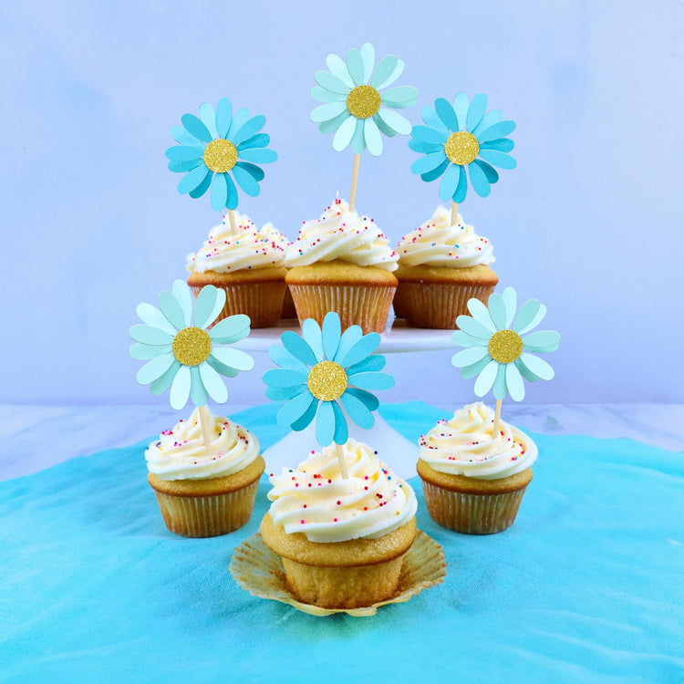 24Pcs Daisy Cupcake Toppers Flower Cake Topper Decorations Daisy Cake Decorations Chrysanthemum Cupcake Toppers Spring Daisy Flower Cake Picks for Birthday Wedding Supplies Blue (24 Count)