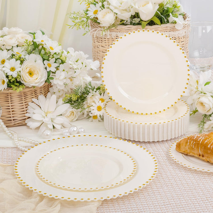 100pcs Ivory Plastic Plates with Gold Beads for Wedding & Party (100 Count)