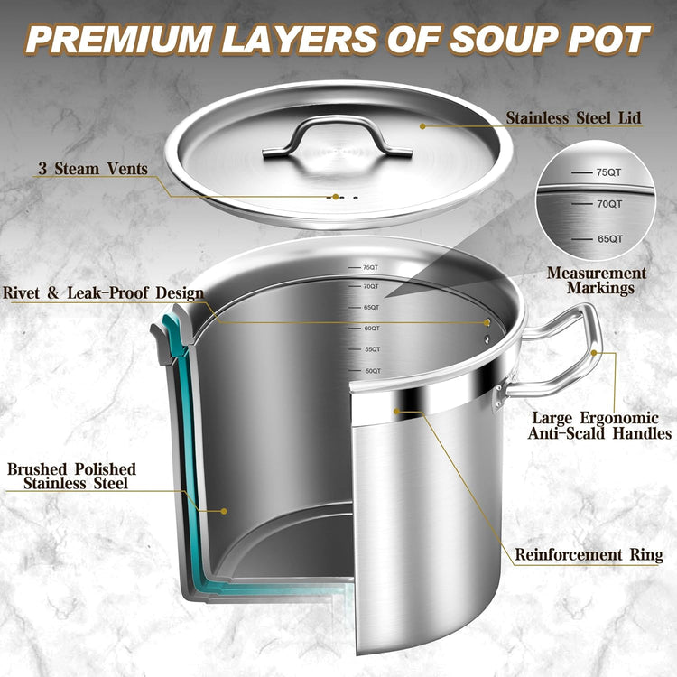 Stainless Steel Cookware Stockpot, 75 Quart Heavy Duty Induction Soup Pot With Stainless Steel Lid Commercial Grade Stock Pot for Soup, Stew, Canning, Even Heat Distribution