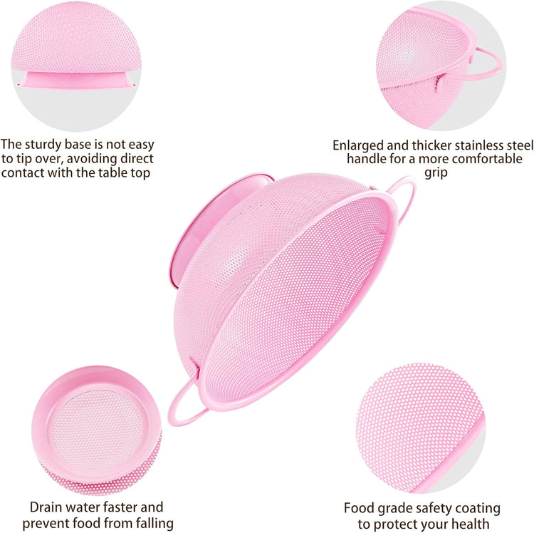 Stainless Steel Colander 3 Piece,Metal Strainer Basket with Solid Base and Handles for Kitchen Food,Pasta, Noodles, Vegetables and Fruits,Powder Coated,BPA Free,Dishwasher Safe,2 & 3 & 4.5 Qt (Pink)