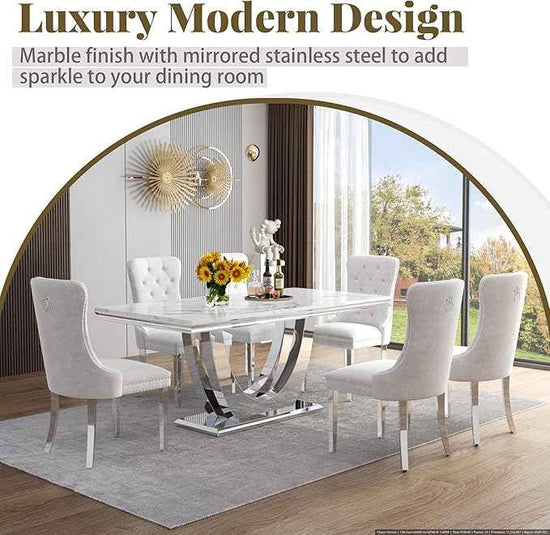 Marble Dining Table Set for 6,70" White Faux Marble Kitchen Tables and Velvet Chairs for 6,7 Piece Luxury Dining Room Table Set and 6 Upholstered Chairs with Silver Stainless Steel Bases