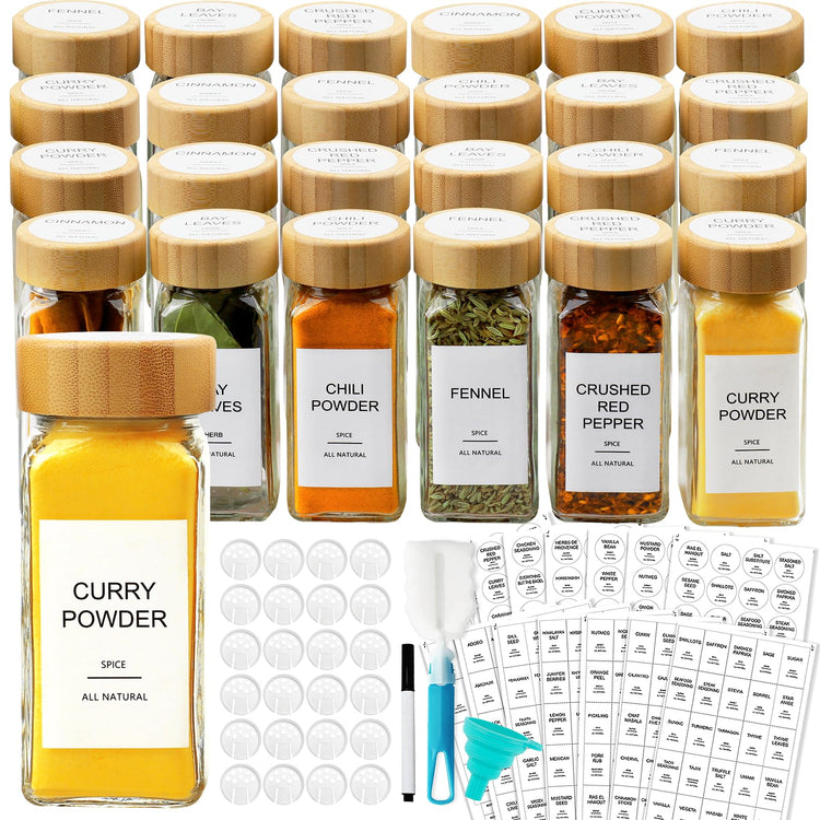 Glass Spice Jars with Bamboo Lid & 398 Label for Cabinet & Drawer Organizer