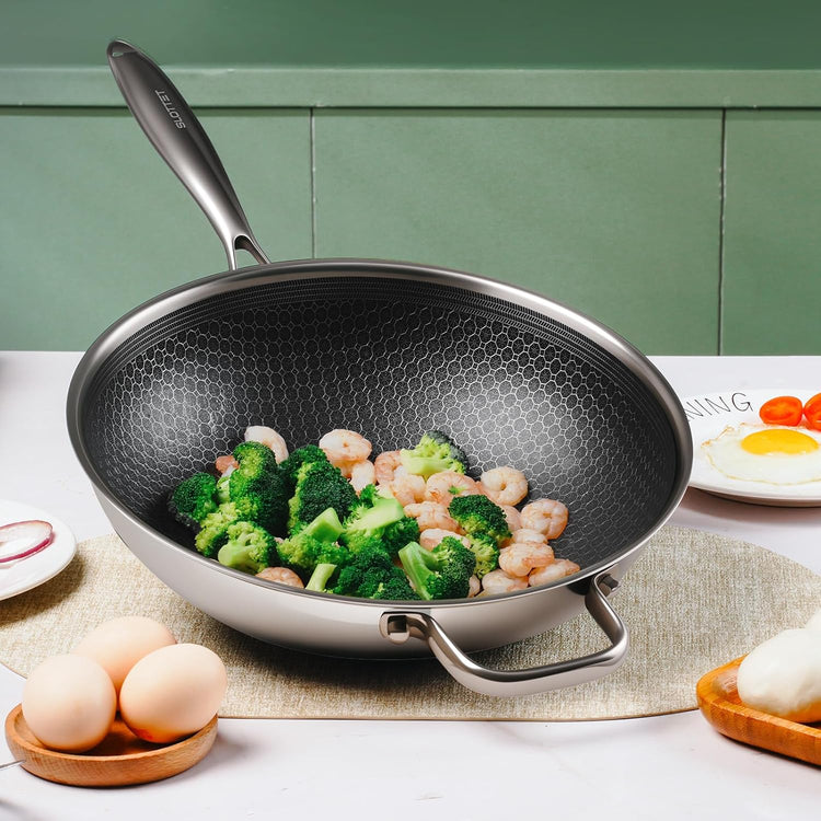 Hybrid 12-Inch Wok with Steamer,Nonstick Stainless Steel Woks & Stir-fry pans with Lid,Stay-Cool Handle,PFOA Free Cookware,Dishwasher and Oven Safe, Works on Induction