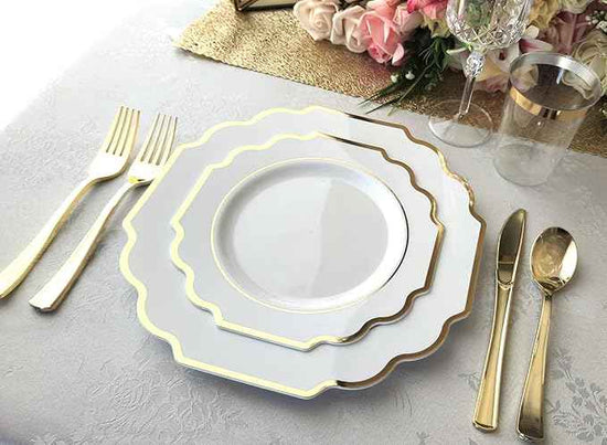 " OCCASIONS " 320 Piece set (40 Guests)-Heavyweight Wedding Party Disposable Plastic Plate Set - 40 x 10.5'' + 40 x 8'' + Silverware + Cups + Napkins (Imperial White & Gold)
