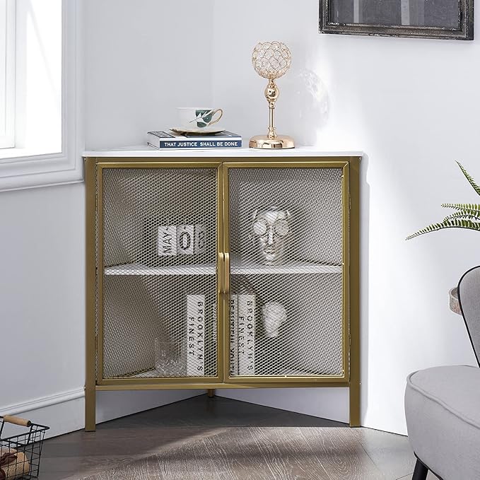 VECELO Corner Cabinet/Table, 3-Tier Display Shelves with Protection Door, Metal Frame Storage Shelf Organizer for Small Space, Living Room, Kitchen, Bathroom