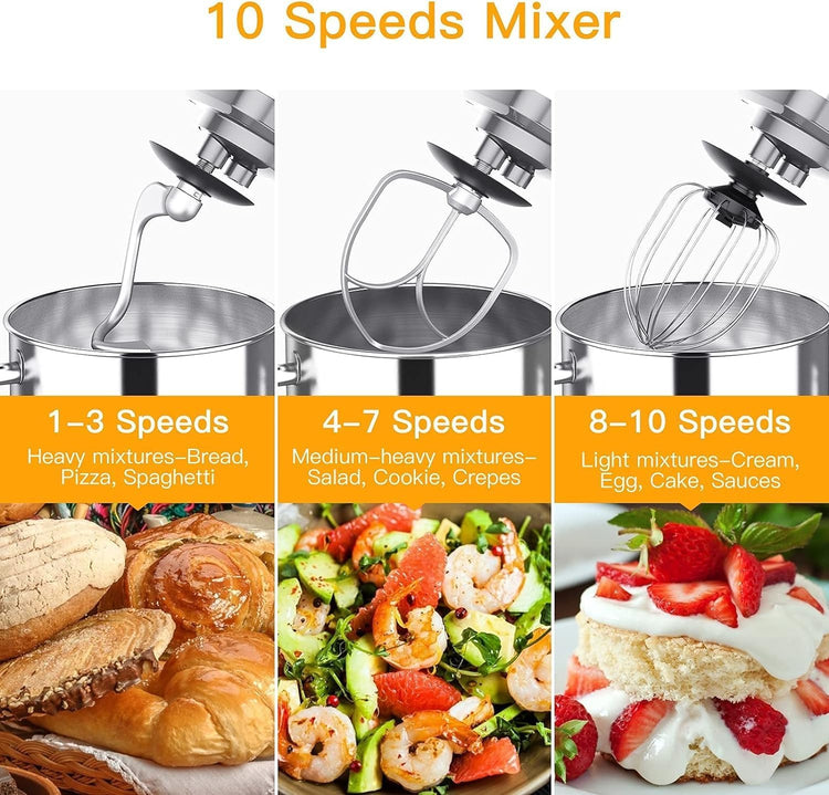Garvee 7.5QT Stand Food Mixer, 10-Speed Tilt Head 3-IN-1 Kitchen Electric Mixer with Stainless Steel Bowl, Egg Whisk, Dough Hook, Beater, Splash Guard, Compact Dough Mixer for Home Cooks, Silver