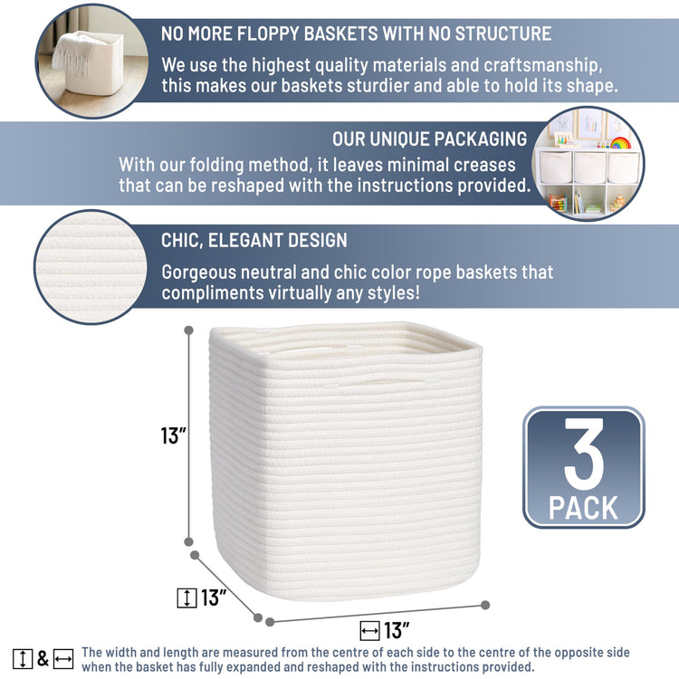 13 Inch Cube Storage Bins Cotton Rope Woven Baskets for Organizing 3 (3 Count)