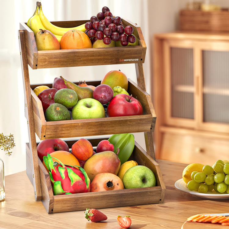 3 Tier Acacia Wood Fruit Basket for Kitchen