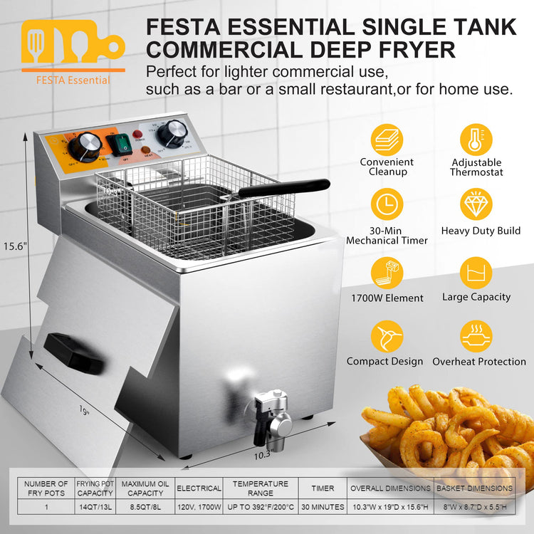 14 Qt. Electric Countertop Commercial Deep Fryer with 6.8 Qt. Basket
