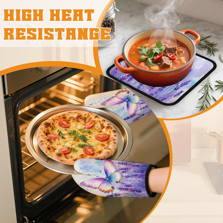 Purple Butterfly Oven Mitts and Pot Holders Set,Lavender Kitchen Oven Gloves and Pot Holder with Heat Resistant Non Slip for Cooking Baking Grilling(4 Piece Set)