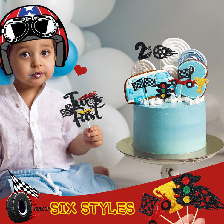 49 Pack Two Fast Cake Toppers Car Cupcake Toppers Decoration Double Sided Trophy Flag Race Car Birthday Party Supplies