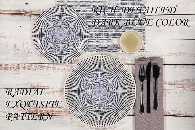 TUDOR ROYAL Porcelain 16-Piece Round Dinnerware Set, Service for 4, Singapore Blue Design, Blue Radial, Plates Bowls Mugs Dishes, Premium Quality Ceramic Tableware, Unique Pattern, Glossy