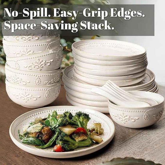 Artena Plates And Bowls Sets, 24 Pieces Dinnerware Sets, Dish Set For 6, Ceramic Kitchen Bowl And Plate Set, Embossed White Dishware Sets, Dishwasher & Microwave Safe (Damask Floral)