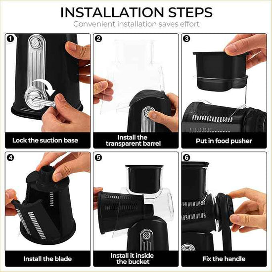 SUSTEAS Rotary Cheese Grater with Handle - Vegetable Shredder with 5 Well-designed Blades & Strong Suction Base,Round Mandoline Slicer & Food Chopper for Kitchen,with Blade Storage Box(Black)
