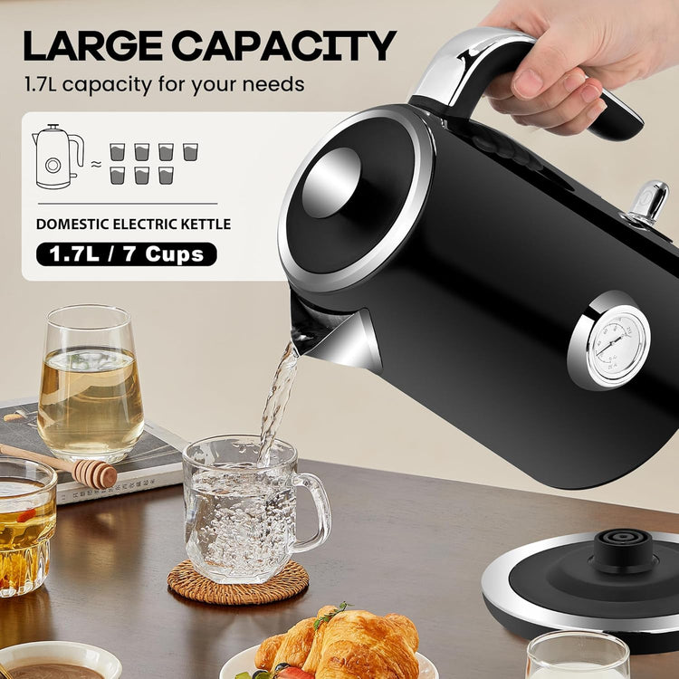 PUKOMC Electric Kettle, 1.7L Stainless Steel Tea Kettle with Temperature Gauge, 1500W Water Boiler with LED Light, BPA-Free, Auto Shut-Off and Boil-Dry Protection (Black)