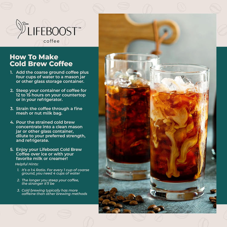 Lifeboost Low Acid Cold Brew Coffee – Organic Coarse Ground Medium Roast for Cold Brew – Single Origin, Non-GMO, 3rd Party Tested for Mycotoxins & Pesticides, USDA Organic – Smooth & Bold Flavor – 12 oz Bag