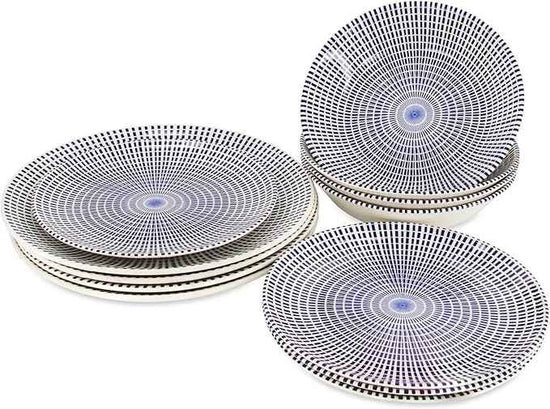 Tudor Royal Collection 12-Piece Round Dinnerware Set, Service for 4, Singapore Design, Blue Spiral, Plates Bowls Dishes, High-Gloss Premium Quality