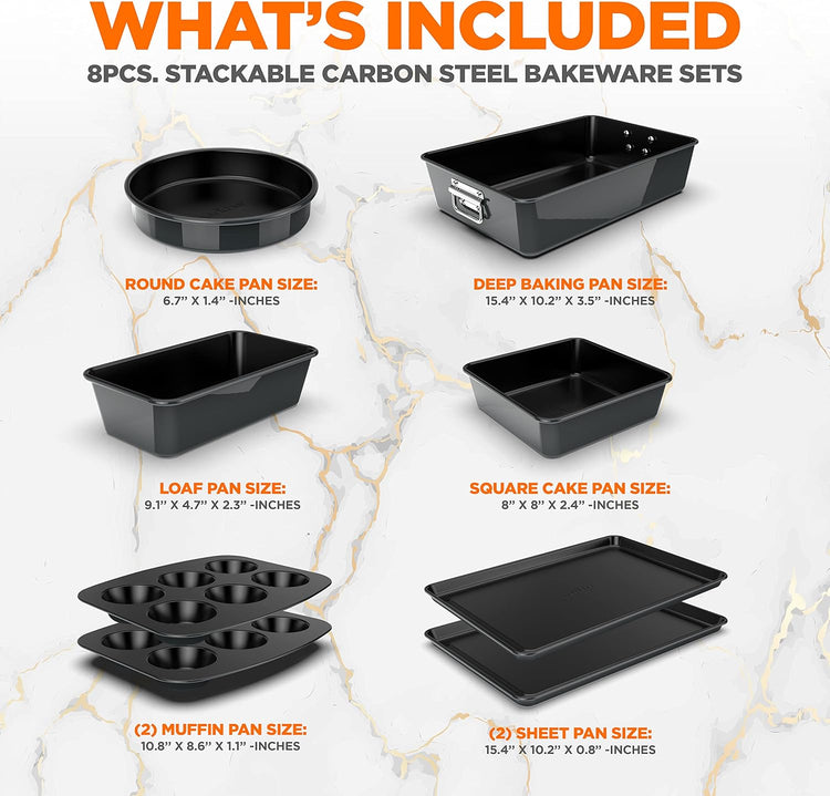NutriChef 8-Piece Stackable Nonstick Bakeware Set - Premium Steel Baking Tray Set - Includes Round Cake Pan, 6-Cup Muffin Pans, Wide/Square Brownie & Loaf Pans, Cookie Sheet, & Roaster Pan (Black)
