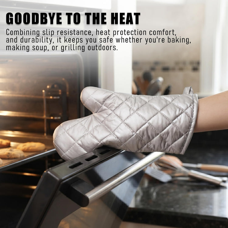 Silver 13" Quilted Oven Mitts Set of 2 Heat Resistant for Kitchen Grill (2 Count)