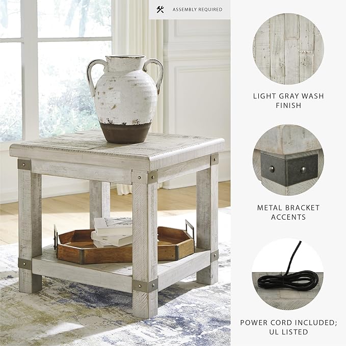 Signature Design by Ashley Carynhurst Farmhouse Rectangular End Table with Lower Shelf, 2 Electrical Outlets and 2 USB Ports, Wood, 24" High, Light Gray