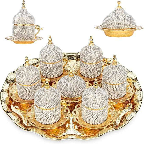 Alisveristime Crystal Embellished Turkish Coffee Set – 27 Pieces – Decorative Zamac Espresso Cups, Saucers and Sugar Bowl with Tray – Available in Three Color Variations (Gold)