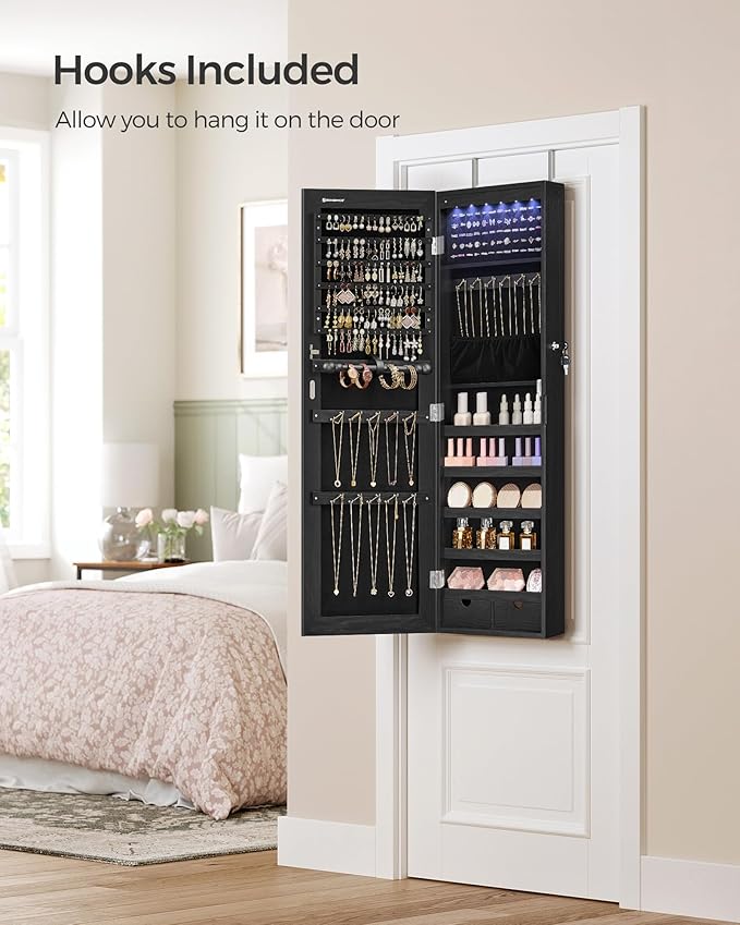 SONGMICS Hanging Jewelry Cabinet, Wall-Mounted Cabinet with LED Interior Lights, Door-Mounted Jewelry Organizer, Full-Length Mirror, Gift Idea, Ink Black UJJC099B01
