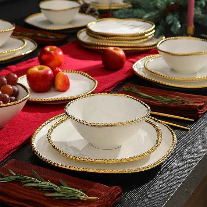 Christian Siriano Akoya Porcelain Dinnerware Set, 24-Piece - Dish Set for 8, Plates and Bowls Set, White and Gold